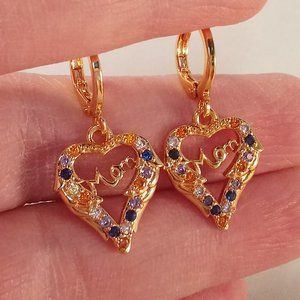 18K Yellow Gold Filled Carved Heart Mom Diamond Zircon Dangle Earrings